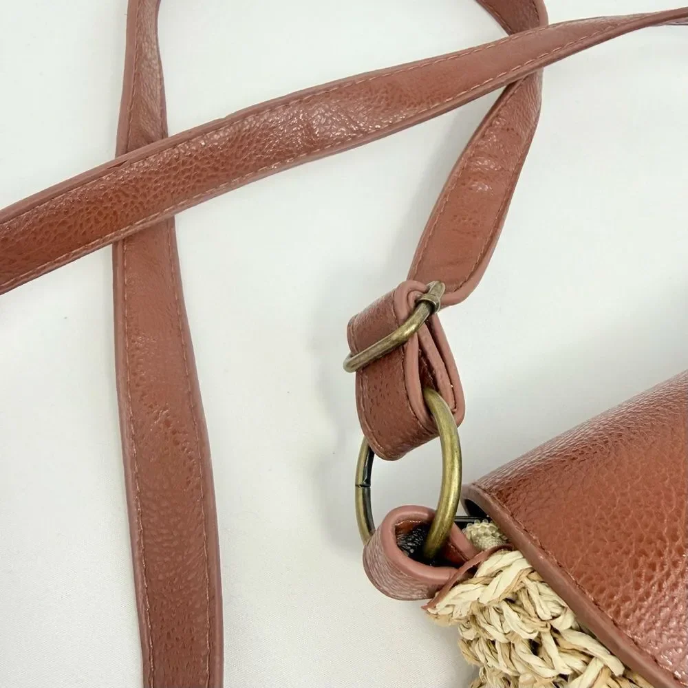 Sun N Sands Tan Woven Jute Faux Leather Bead Medallion Flap Crossbody Bag